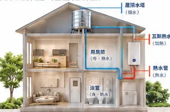 住宅水塔、冷熱水管與熱水器供水路徑示意圖